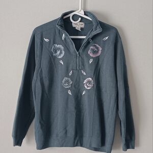 Bonnie Evans Sport Vintage Quarter Zip Fleece Embroidered Flowers Teal Medium